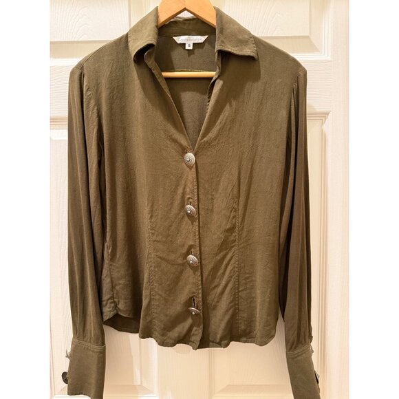 Vintage Western Olive Green Button-Up Shirt W/ Engraved Metal Buttons & Turquois - Picture 4 of 11